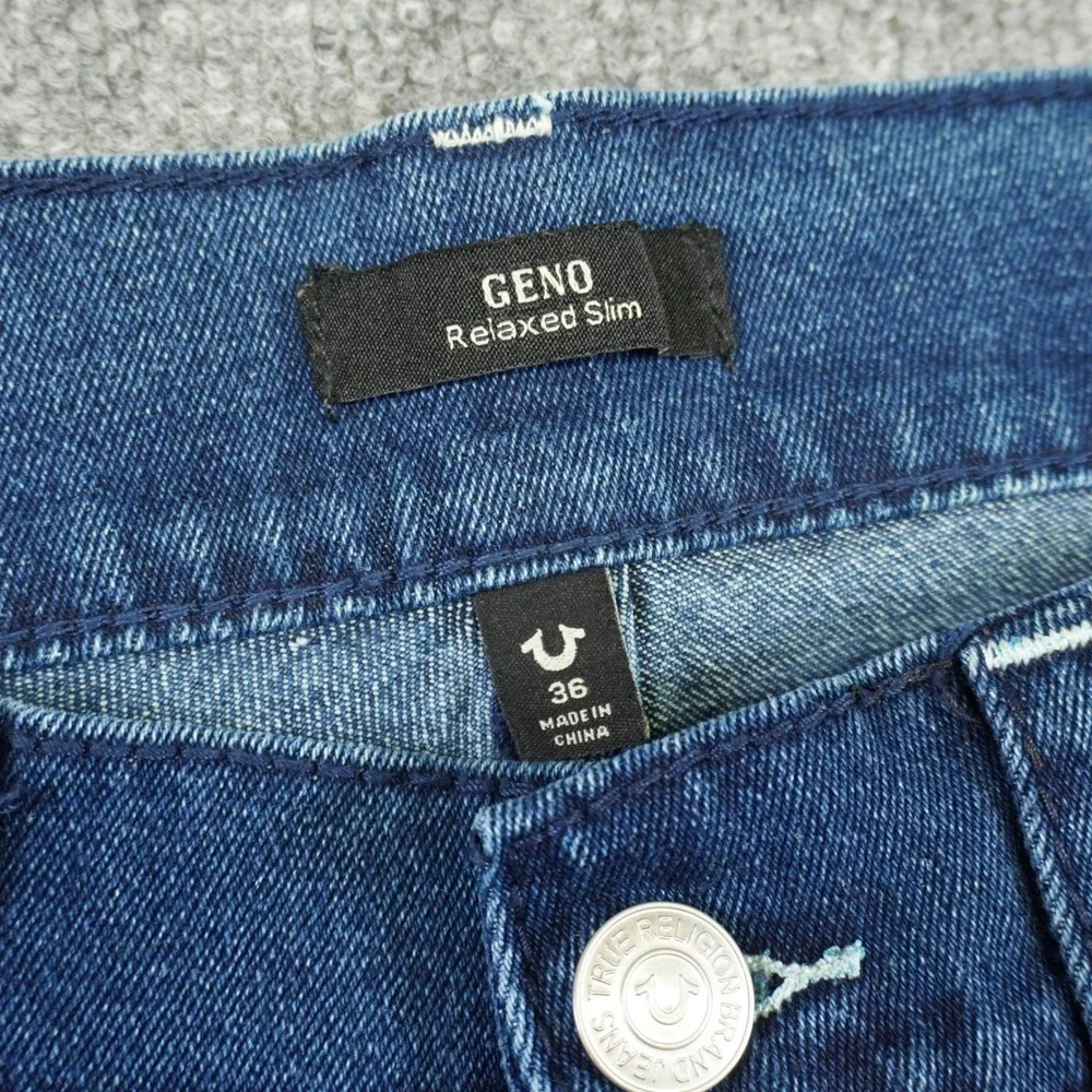 NEW True‎ Religion Geno Relaxed Slim Jeans Mens 36x32 Blue Big T Flap Pocket